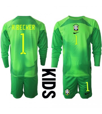 Brazil Alisson Becker #1 Goalkeeper Replica Away Stadium Kit for Kids World Cup 2022 Long Sleeve (+ pants)